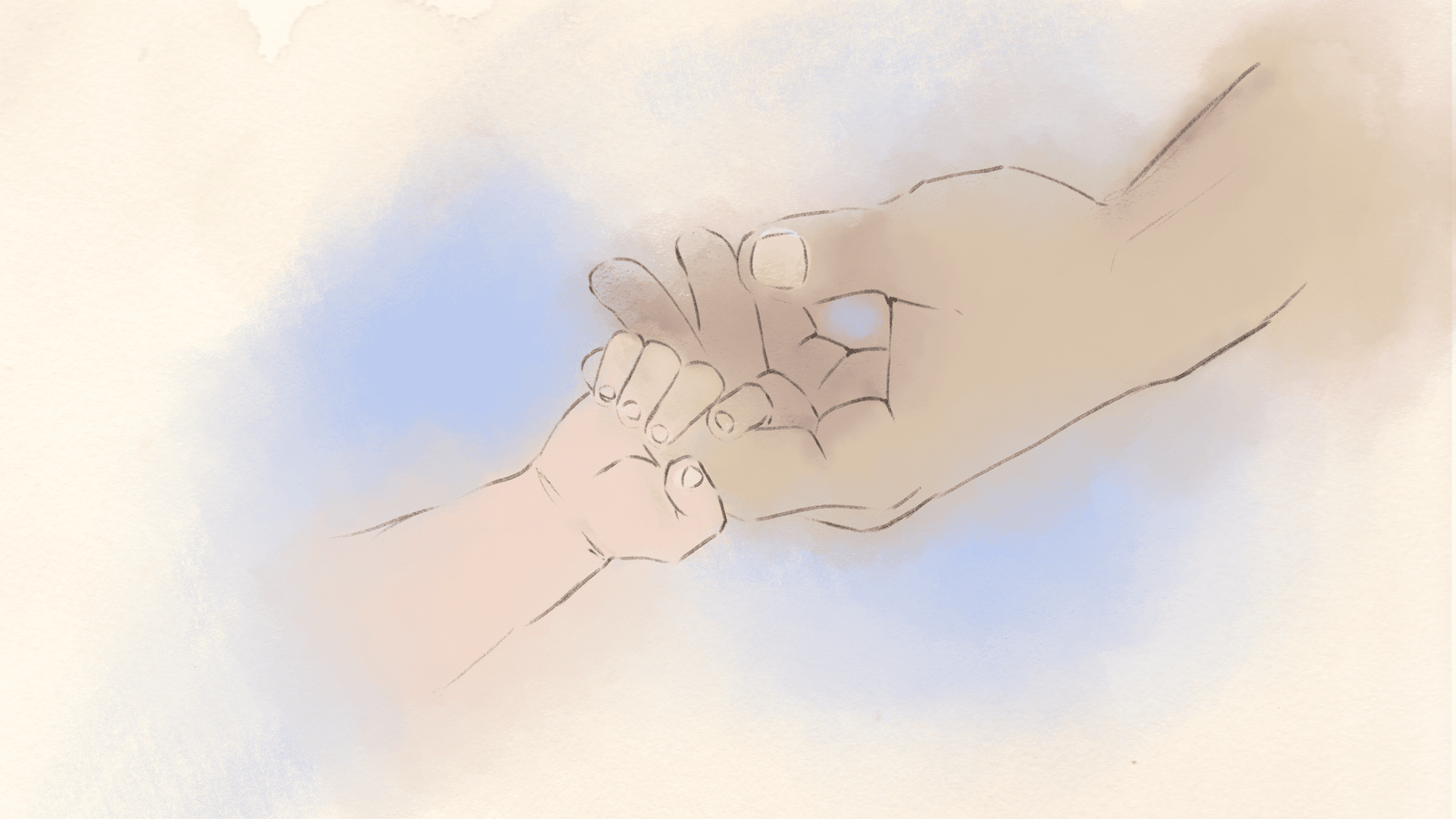 Ilustración acuarela: mano adulta sosteniendo la mano de un bebé